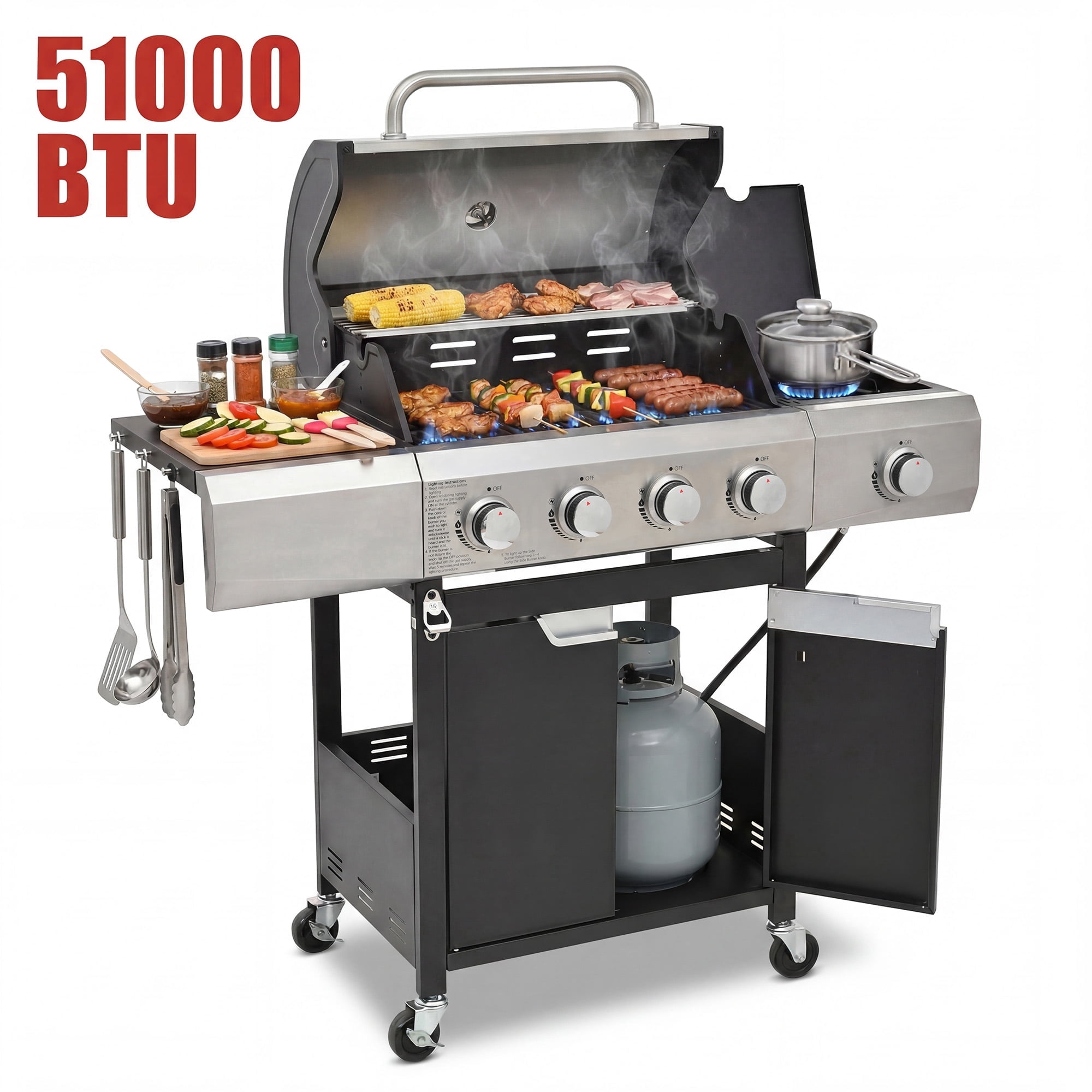 Holaki 4-Burner Propane Gas Grill with Side Burner, 51000 BTU Stainless Steel Outdoor BBQ Grill, Large Cooking Area, Built-in Thermometer for Backyard Cooking