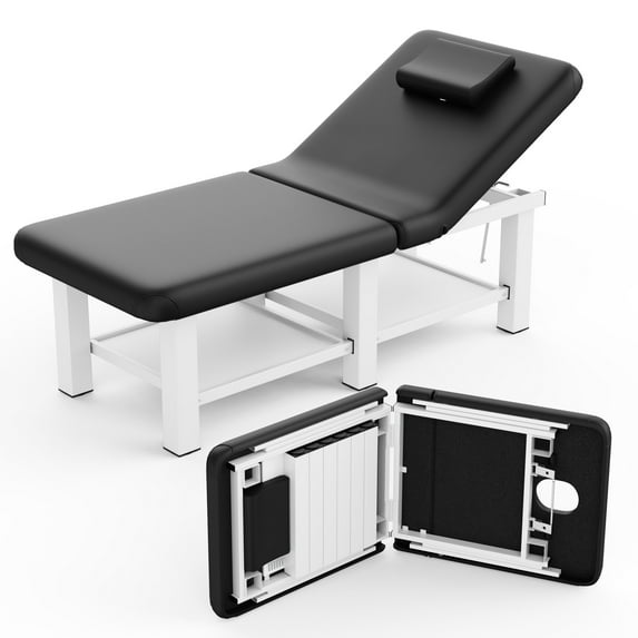 Holaki Heavy Duty Stationary Massage Table, Professional Spa Bed with 660lbs Capacity, Sturdy Metal Frame, Waterproof PU Leather, Ideal for Beauty, Tattoo, Reiki, Massage, Physiotherapy, Black