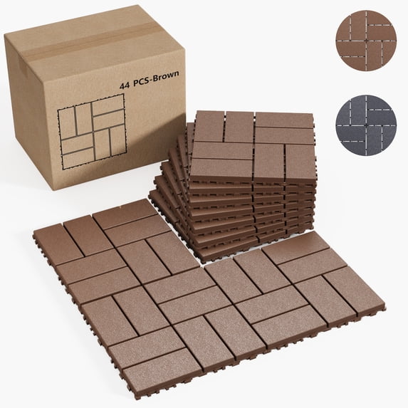 Holaki Interlocking Deck Tiles, 44 Pcs, 12 x 12 in, Polypropylene, Brown Lines Square Panel