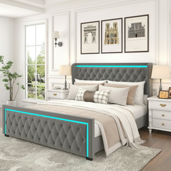 Holaki King Platform Bed Frame With High headboard, Velvet Upholstered Bed with Deep Tufted Buttons, Adjustable Colorful LED Light Decorative Headboard, Wide Wingbacks, GREY