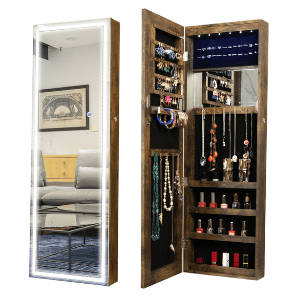 Holaki LED Mirror Jewelry Cabinet,Jewelry Armoire with Adjustable Lighted Full Length Mirror,Wall Mounted or Door Hanging,Lockable Jewelry Organizer Storage,Antique Gray