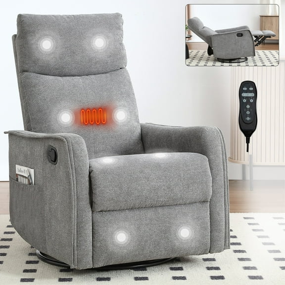 Holaki Manual Swivel Rocker Recliner Chair, 360° Swivel Recliner with Massage and Heat, Chenille Rocker Recliner Nursery Glider Chair with Side Pockets, Lumbar Support for Living Room, Gray