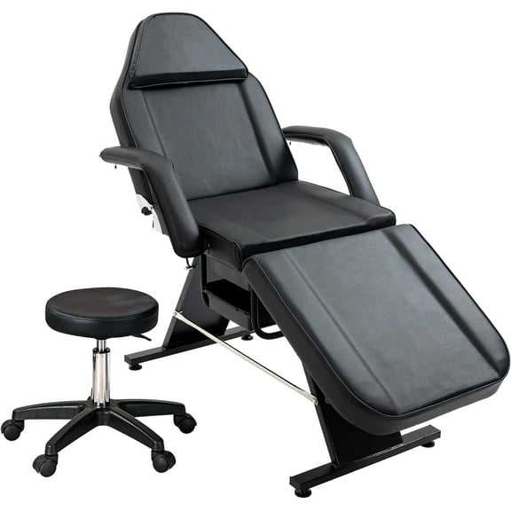 Holaki Massage Salon Tattoo Chair with Two Trays - Esthetician Bed with Hydraulic Stool - Multi-Purpose 3-Section Facial Bed Table - Adjustable Barber Spa Beauty Equipment, Black