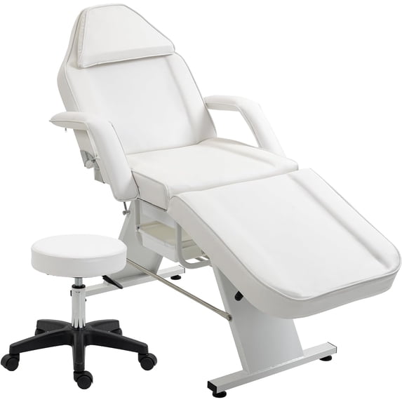 Holaki Massage Salon Tattoo Chair with Two Trays - Esthetician Bed with Hydraulic Stool - Multi-Purpose 3-Section Facial Bed Table - Adjustable Barber Spa Beauty Equipment, White
