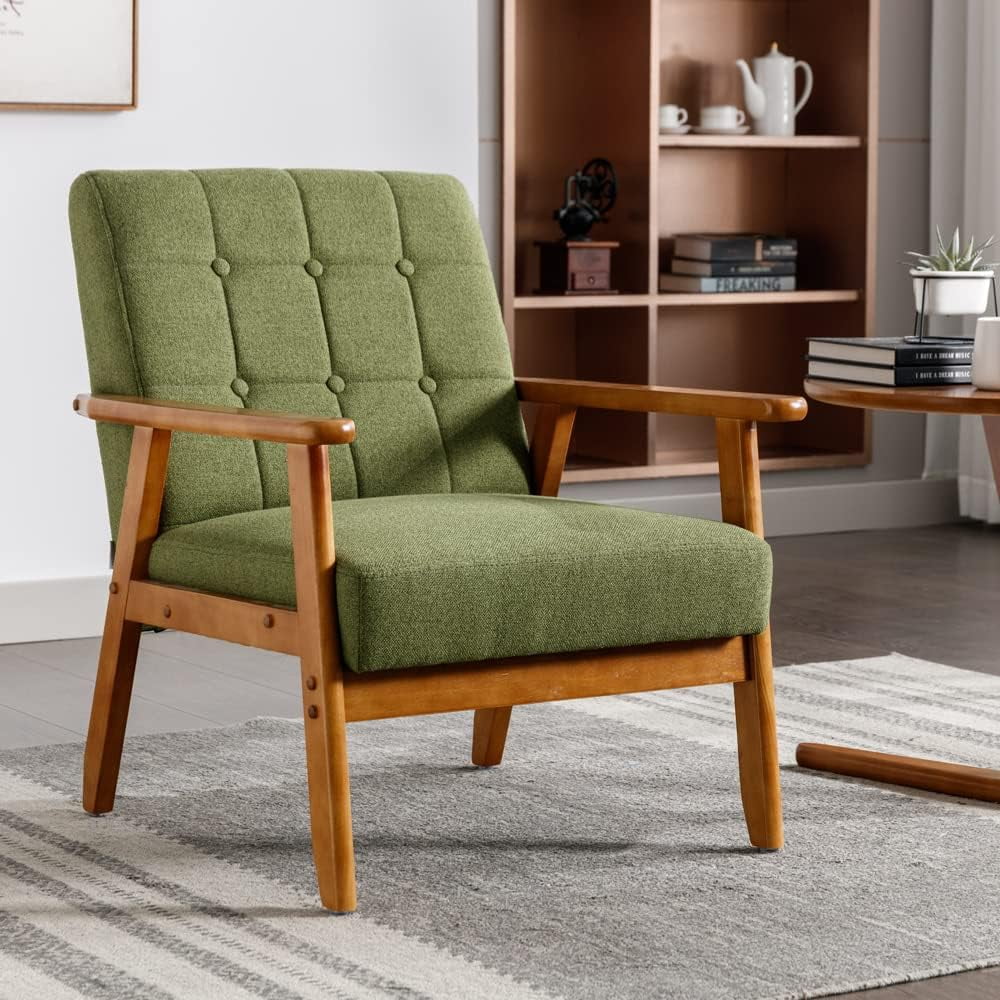 Holaki Mid Century Modern Arm Chair with Wood Frame,Linen Fabric Comfy Reading Chair,Accent Chair for Living Room Bedroom Reading,Easy Assembly,Green Linen