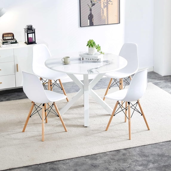 Holaki Modern 5 Piece Dining Table Set, 42" Faux Marble White Round Dining Table with 4 Wooden Legs Chairs, Kitchen Table and Chairs for Dining Room,Office