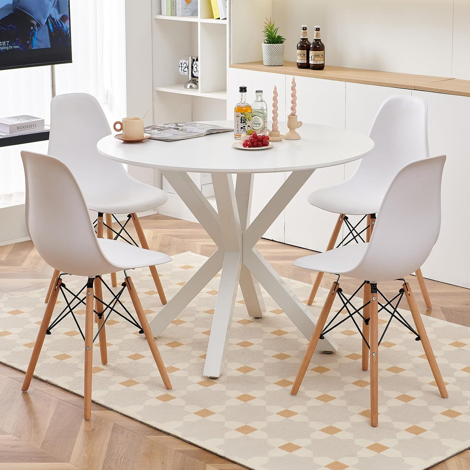 Holaki Modern 5 Piece Dining Table Set, 42" White Round Dining Table ...