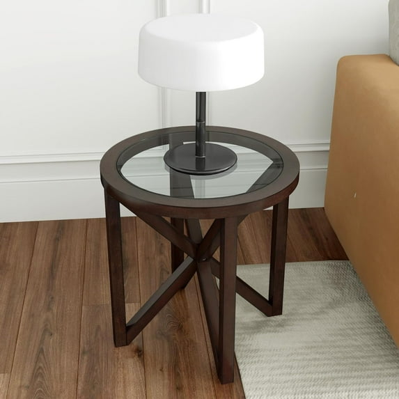 Holaki Modern Black Tempered Glass Side Table,Round End Table with Tempered Glass Top and Solid Wood Base.Simple & Modern Round Table,Small Glass Tea Table for Living Room,Apartment,22.13In(Cherry)