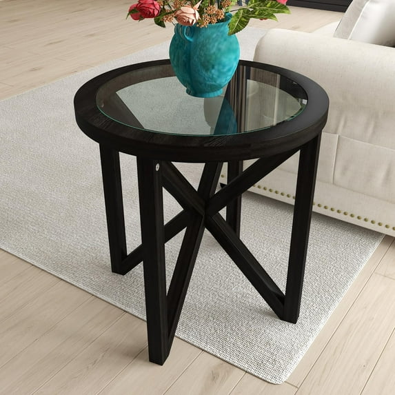 Holaki Modern Black Tempered Glass Side Table,Round End Table with Tempered Glass Top and Solid Wood Base.Simple & Modern Round Table,Small Glass Tea Table for Living Room,Apartment,22.13In(Black)