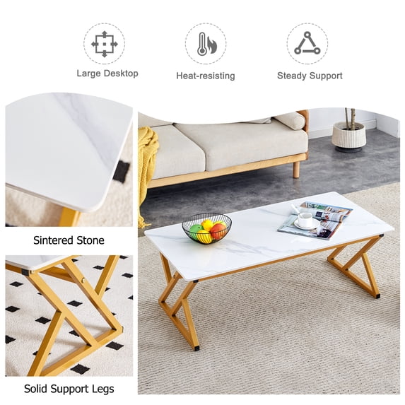 Holaki Modern Coffee Table Faux Marble Coffee Table Rectangle End Table for Living Room, Engineered Wood Side Table with Faux Marble Veneer and Heavy Duty Metal Frame (Faux Mable White&Gold 47")