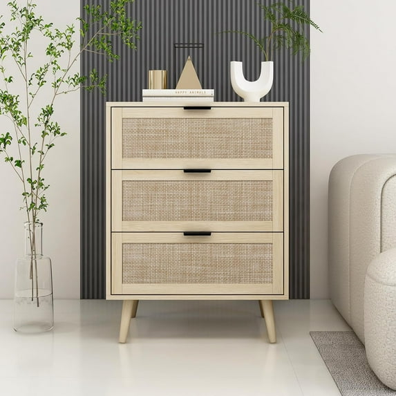Holaki Modern Rattan Wood 3 Drawer Dresser, Bohemian Style Storage Cabinet for Bedroom Living Room (Natural)
