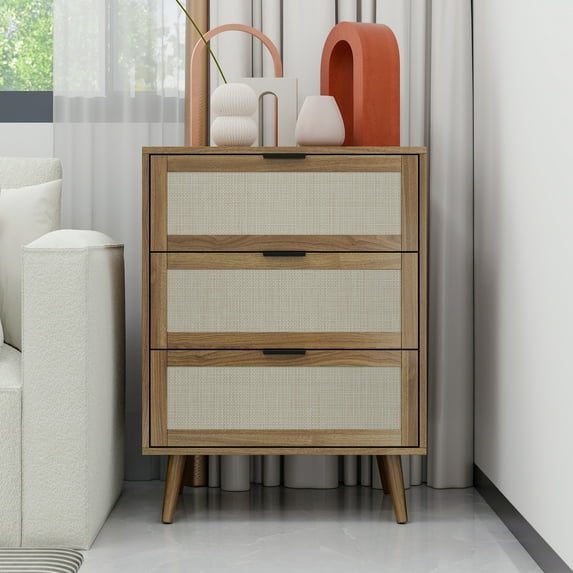 Holaki Modern Rattan Wood 3 Drawer Dresser, Bohemian Style Storage Cabinet for Bedroom Living Room (Walnut)