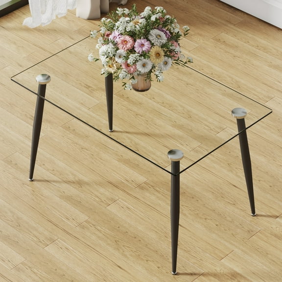 Holaki Modern Rectangular Glass Dining Table for 4-6 People with Tempered Glass top and Black Metal Legs,Writing Desk for Kitchen,Dining Room and Living Room