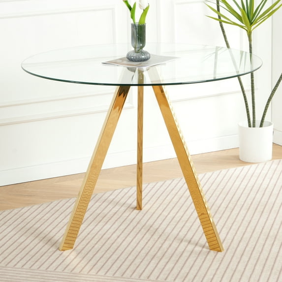 Holaki Modern Round Glass Dining Table,39.2" Kitchen Table with Clear Glass Top and Gold Metal Legs,Elegant and Durable Dining Room Table for Small Spaces,Kitchen,or Living Room (Gold/Silver)