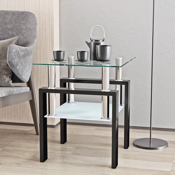 Holaki Modern Tempered Glass Tea Table Coffee Table End Table, Square Table for Living Room, Transparent/Black