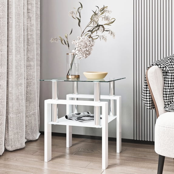 Holaki Modern Tempered Glass Tea Table Coffee Table End Table, Square Table for Living Room, Transparent/White