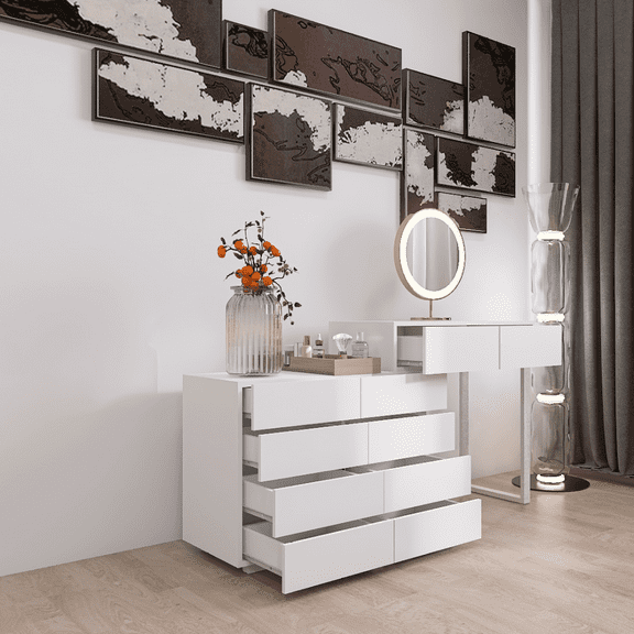 Holaki Modern Vanity Desk,White Finish,for Bedroom - Dressing Table with Extended Desk,Makeup Vanity Desk,Extended Desktop 10 Drawers Chest of Drawer without Handle White Color Vanity