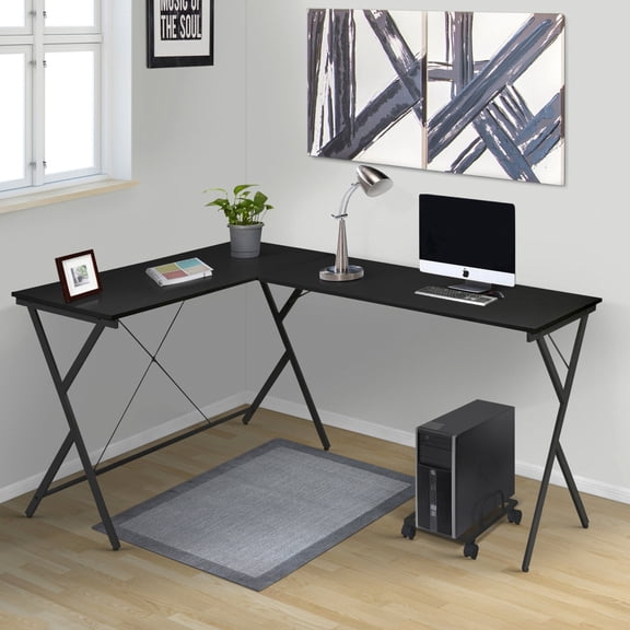 Holaki Optimize Space with Black L-Shaped Computer Desk,Double Desktop Surfaces and Rolling CPU Holder,for Compact Rooms