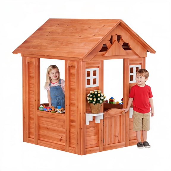 Holaki Outdoor Playhouse for Kids Boy Girl Ages 3-8, Wooden Cottage Playhouse with Window & Flowerpot Holder, Play House for Outdoor Garden, Lawn, Patio, Yard