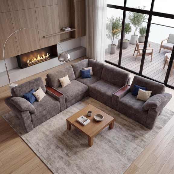 Holaki L-Shaped Modular Sectional Sofa with 2 Built-in Side Tables, 5-Seater Oversized Sectional Couches for Living Room, Modern Wide Seat Down-Filled Sofa with Storage Space, Dark Gray