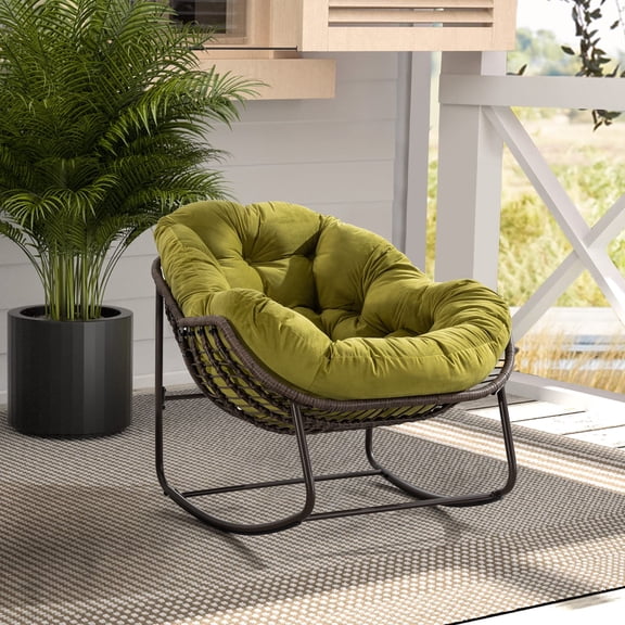 Holaki Oversized Outdoor Rattan Rocking Chair with Padded Cushion, Outdoor Patio Rocking Chair with Weather-Resistant Steel Frame, 250lbs, Modern Lounge Rocker for Porch Living Room, Olive Green