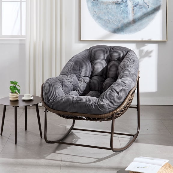 Holaki Oversized Outdoor Rattan Rocking Chair with Padded Cushion – 250lbs Capacity, Weather-Resistant Steel Frame, Grey for Porch/Patio/Living Room