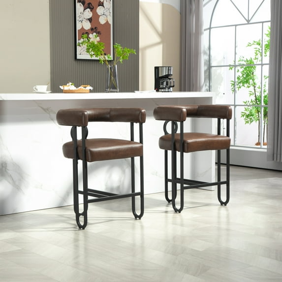 Holaki PU Leather Bar Stools Set of 2, Modern Upholstered Bar Chair with Back, Black Metal Frames, for Kitchen Island, Pub, Club, Dark Brown