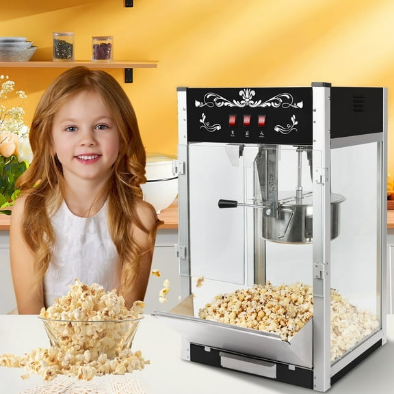 16OZ Countertop Popcorn Machine, Holaki Commercial Popcorn Maker Machine with Stainless Steel Kettle, Tempered Glass, Oil Spoon & 3 Popcorn Cups for Home Movie Theater, Black