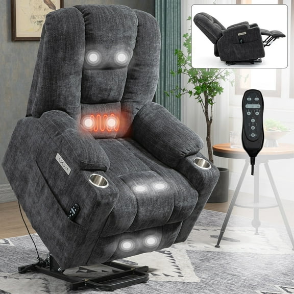 Holaki Power Lift Recliner Chair with Massage and Heat for Elderly, Overstuffed Wide Power Recliner with USB Ports, Electric Oversized Single Sofa with Dual Cup Holders & Side Pocket, Medium, Black