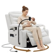 Holaki Power Recliner Chair, 270  Swivel Recliner with Heat & Lumbar Support, Modern Chenille Rocker Recliner Nursery Chair with Smart Cup Holder & Adjustable Armrests for Nursing, White