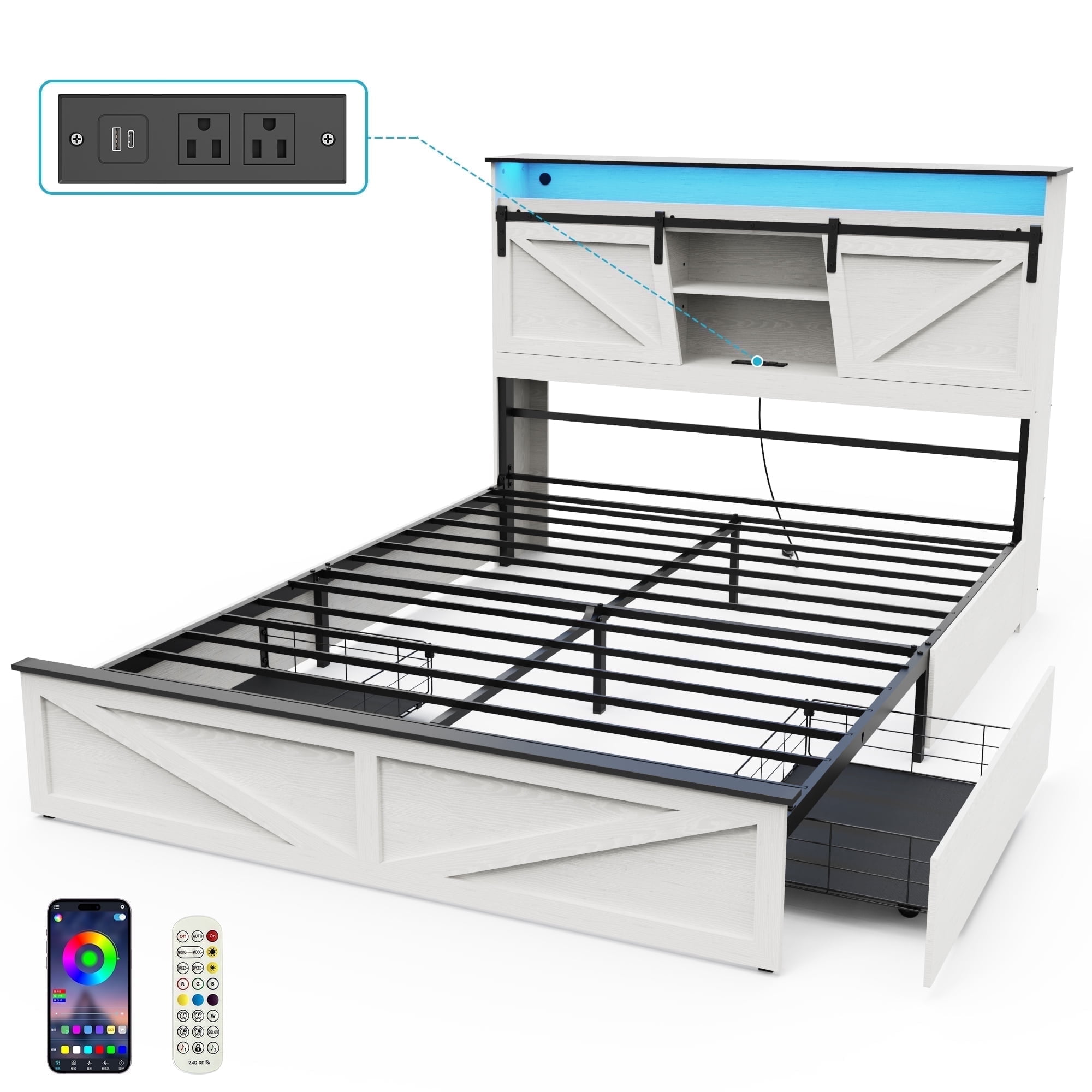 Wood Queen Bed Frame with Headboard & Storage Shelf, Holaki Farmhouse Queen Size Platform Bed Frame with 2 Drawers, Charging Station & LED Lights, Headboard with Sliding Barn Door, White