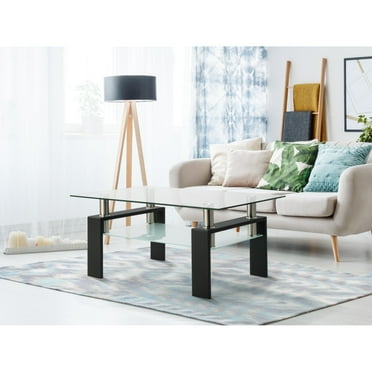 Holaki Rectangle Black Glass Coffee Table, Clear Coffee Table, Modern Side Center Tables for Living Room, Living Room Furniture