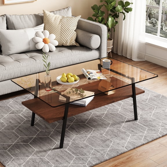 Holaki Rectangle Coffee Table,Tempered Glass Tabletop with White Metal Legs,Modern Table for Living Room,Transparent Glass,38.58"x22.84"x16.73"