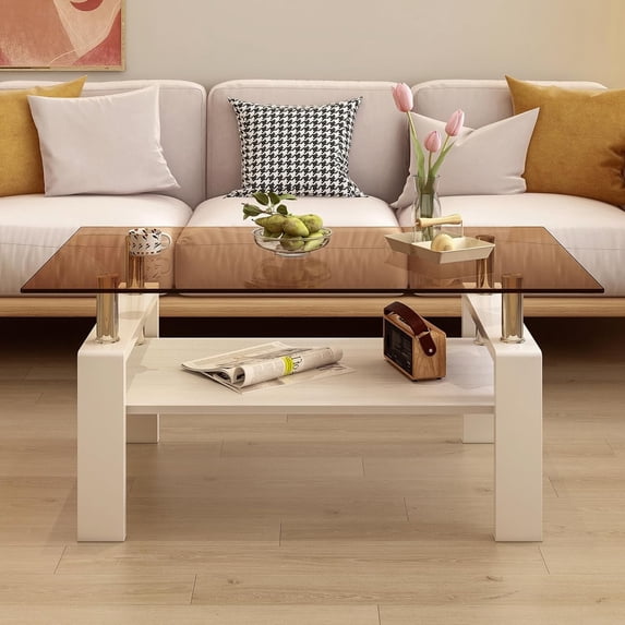 Holaki Rectangle Glass Coffee Table, Modern Tempered Glass Center Table with MDF Lower Shelf for Living Room, Brown & White