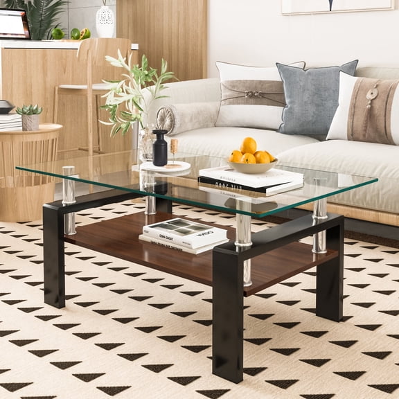 Holaki Rectangle Glass Coffee Table, Modern Tempered Glass Center Table with MDF Lower Shelf for Living Room, Transparent & Black