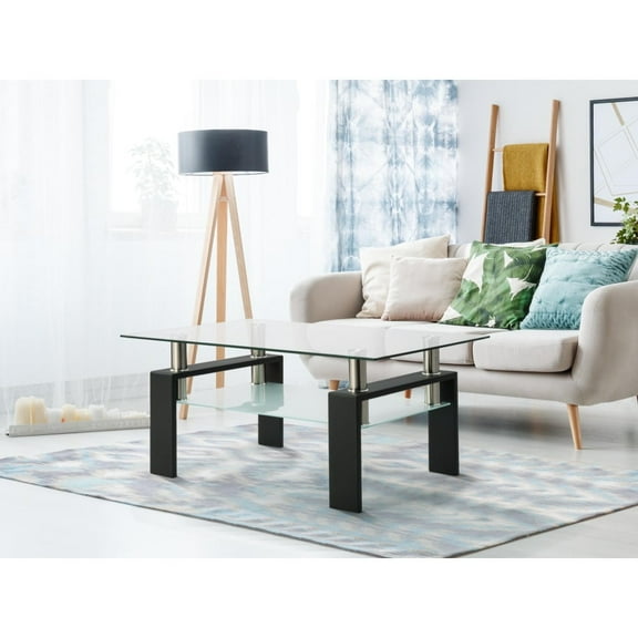 Glass Coffee Table for Living Room, Holaki Modern Rectangle Center Table with 2 Layer Shelf, Tempered Glass Top & Metal Leg, Tray Top Coffee Table for Home Small Space, Black