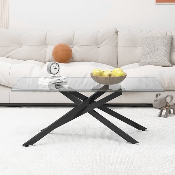 47.2" Rectangular Glass Coffee Table, Holaki Modern Tempered Glass Kitchen Table with Sturdy Metal Legs, Center Table Sofa Table for Living Room Small Space, Black