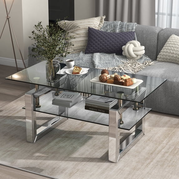 Holaki Rectangular Mirrored Glass Coffee Table, Modern Clear Tempered Glass Cocktail Table with Shelf for Living Room, Office