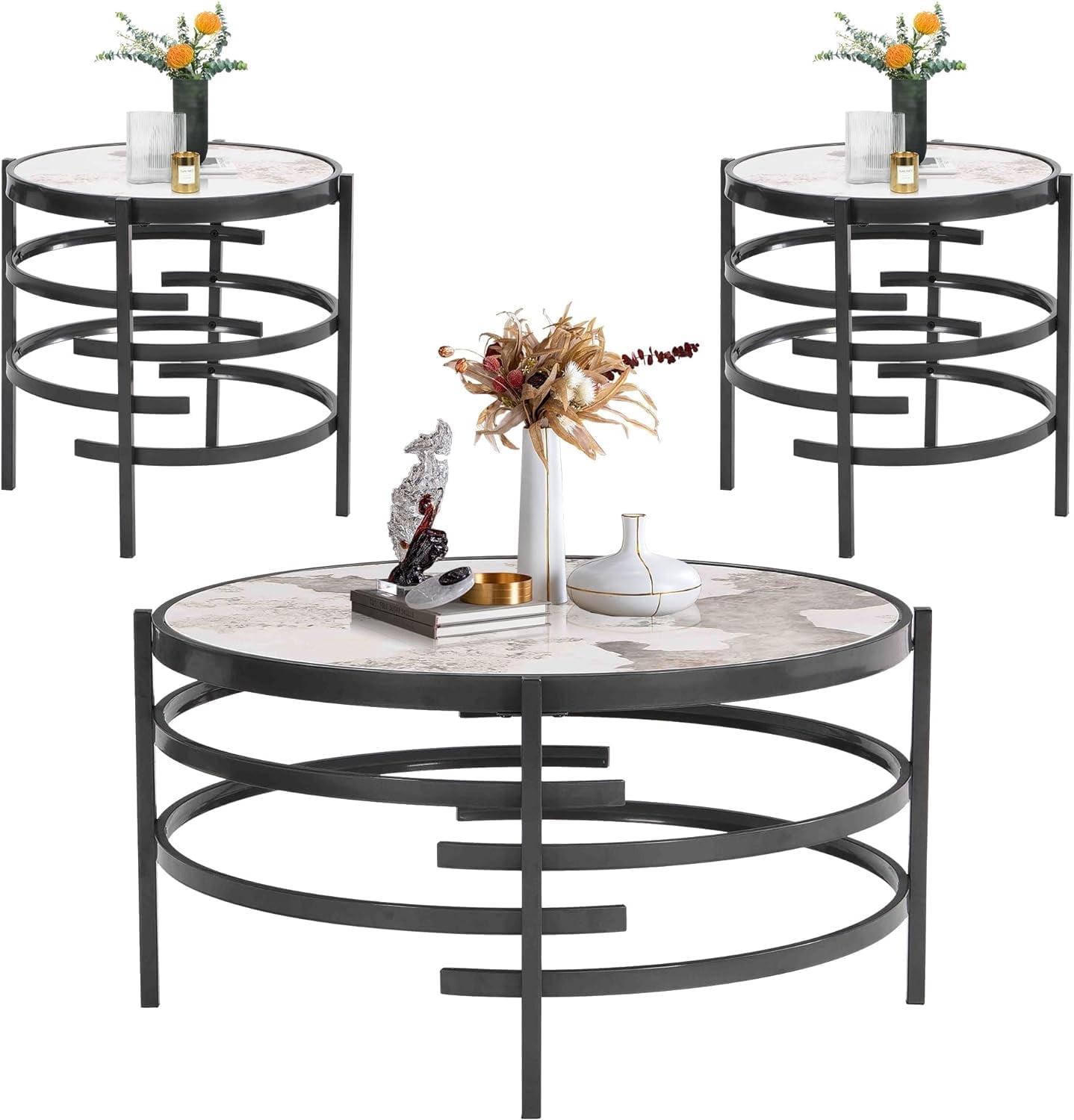 Holaki 3-Piece Coffee Table Set, Round Nesting End Tables with Sintered ...