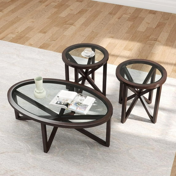 Holaki Round Glass Coffee Table Set of 3Pcs,Black Circle Coffee Table & 2pcs Round End Table w/Tempered Glass Top and Solid Wood Base,Modern Center Table,Small Coffee Table for Living Room(Cherry)
