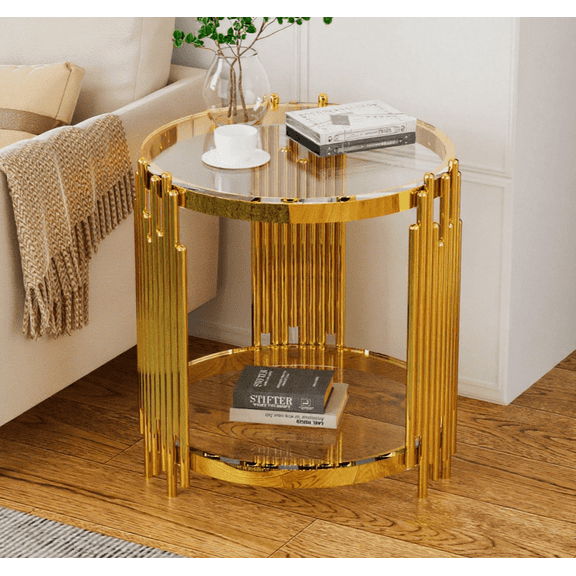 Holaki Round Glass End Table, Modern Gold Living Room Table with Stainless Steel Irregular Leg, Small Sofa Side Table Coffee Tables for Home Office, Clear /19.69"