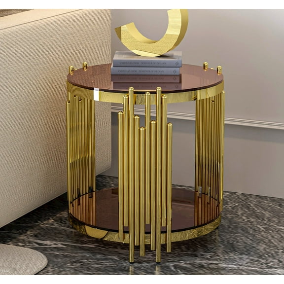 Holaki Round Glass End Table, Modern Gold Living Room Table with Stainless Steel Irregular Leg, Small Sofa Side Table Coffee Tables for Home Office, Dark Brown/19.69"