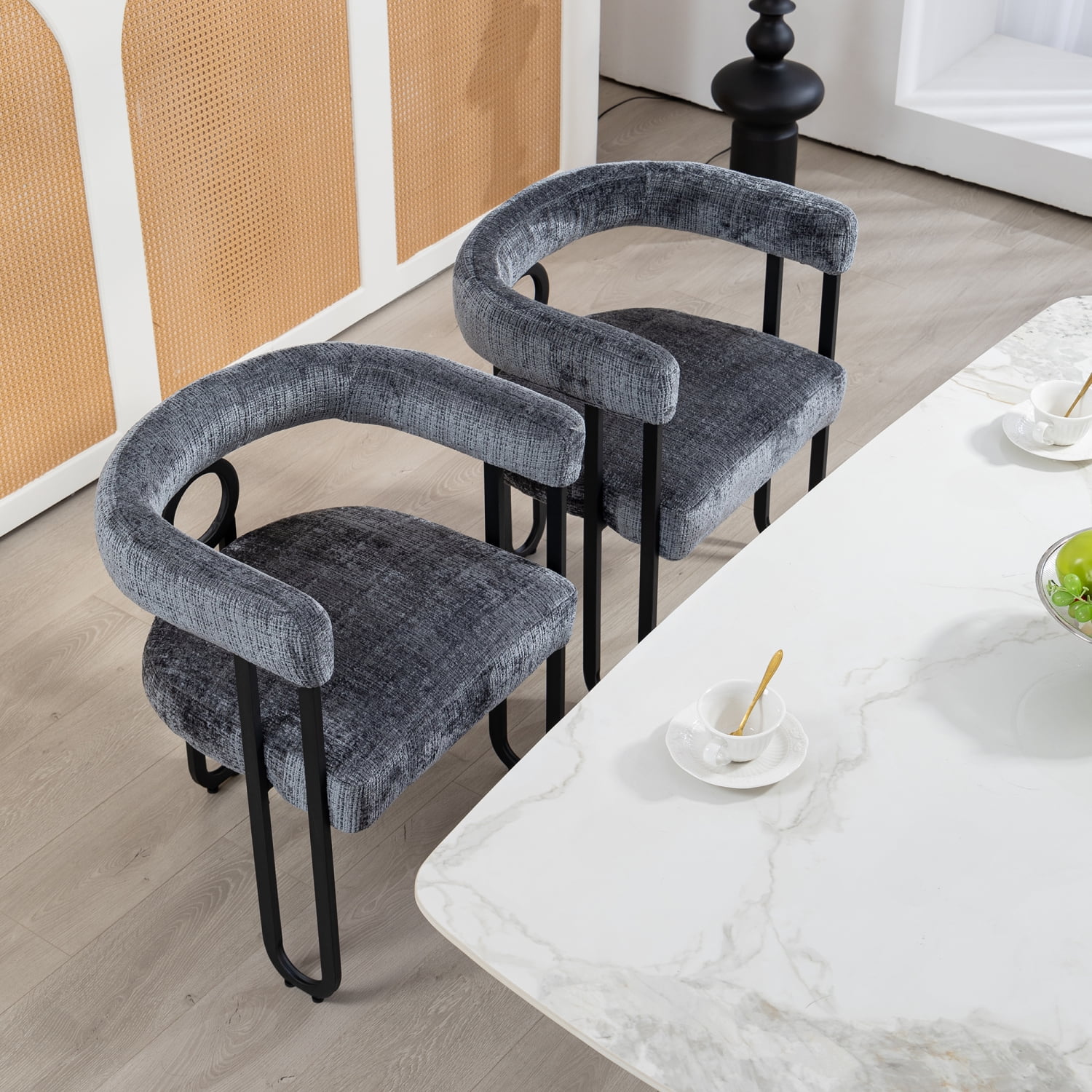Gray Chenille Upholstered Metal Frame Barrel Side Chair