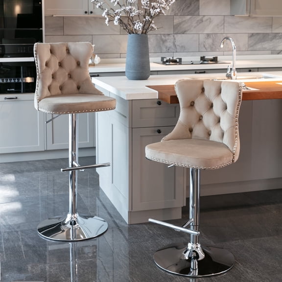 Holaki Bar Stools Set of 2, Adjustable Velvet Swivel Barstools, Modern Upholstered Counter Stools with Back and Footrest, Counter Height Bar Chairs for Bar Kitchen Island, Khaki