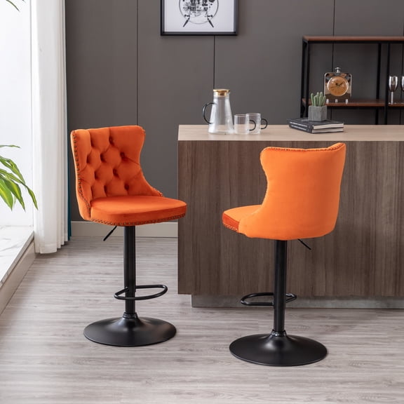 Holaki Bar Stools Set of 2, Adjustable Velvet Swivel Barstools, Modern Upholstered Counter Stools with Back and Footrest, Counter Height Bar Chairs for Bar Kitchen Island, Orange