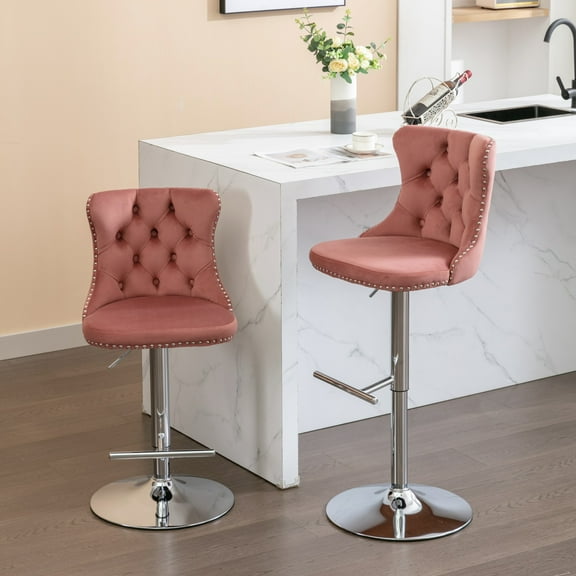 Holaki Set Of 2, Modern Classic Swivel Velvet Barstools, 25-33 Inch Adjusatble Seat Height, Upholstered Chrome Base Bar Stools With Backs Tufted, For Home Pub, Living Room, Kitchen(Silver Base+Pink)
