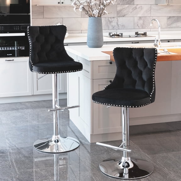 Holaki Bar Stools Set of 2, Adjustable Velvet Swivel Barstools, Modern Upholstered Counter Stools with Back and Footrest, Counter Height Bar Chairs for Bar Kitchen Island, Silver & Black