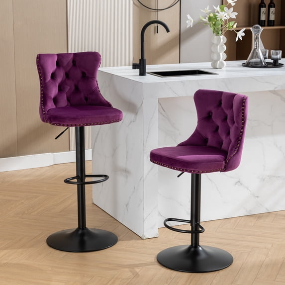 Holaki Set Of 2, Modern Classic Swivel Velvet Barstools, 25-33 Inch Adjusatble Seat Height, Upholstered Chrome Base Bar Stools With Backs Tufted, For Home Pub, Living Room, Kitchen(Black Base+Purple)