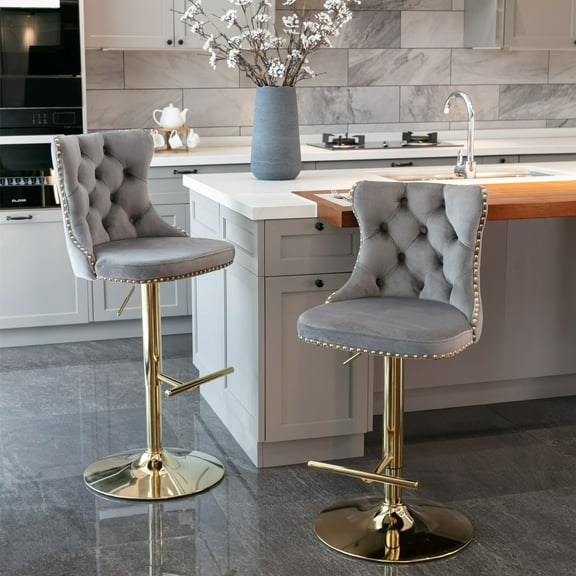 Holaki Set Of 2, Modern Classic Swivel Velvet Barstools, 25-33 Inch Adjusatble Seat Height, Upholstered Chrome Base Bar Stools With Backs Tufted, For Home Pub, Living Room, Kitchen(Golden Base+Gray)