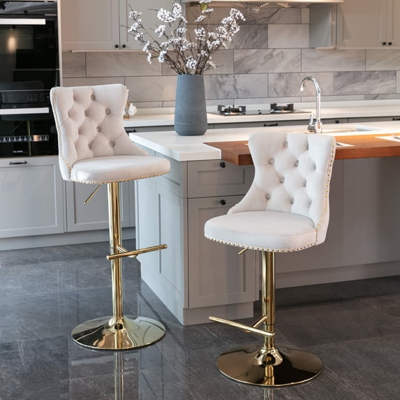 Holaki Set Of 2, Modern Classic Swivel Velvet Barstools, 25-33 Inch Adjusatble Seat Height, Upholstered Chrome Base Bar Stools With Backs Tufted, For Home Pub, Living Room, Kitchen(Golden Base+Beige)